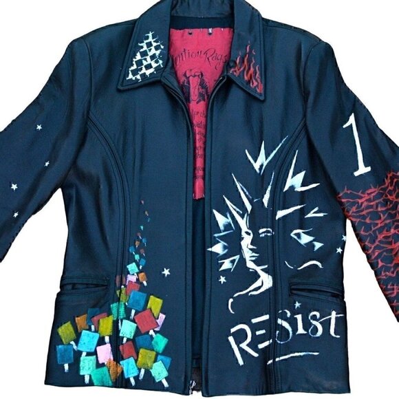 Vintage black leather, hip-length zip up jacket, hand painted retro, rose sz M - Picture 2 of 10